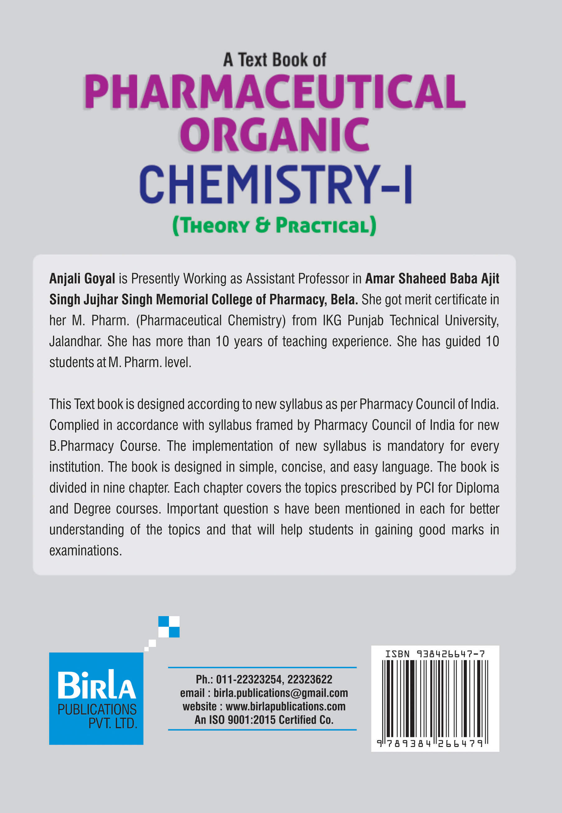 A TEXT BOOK OF PHARMACEUTICAL ORGANIC CHEMISTRY-I  (Theory & Practical )